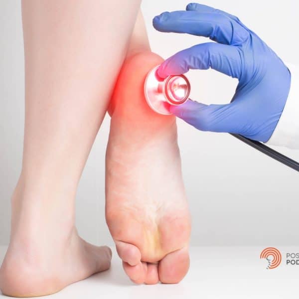Image displaying two feet with a stethoscope on one heel highlighting inflammation due to plantar fasciitis